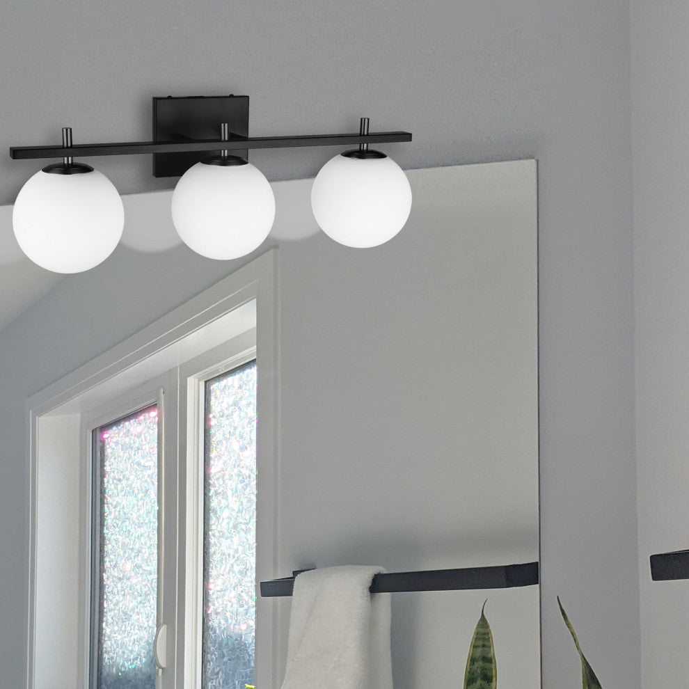 Matte Black Transitional Vanity With White Glass