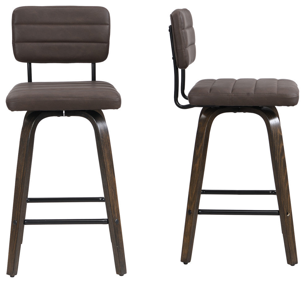 Swivel Bar Stool Leather Bar Stool, Wood Legs, Counter Height, Pu, Set of 2, Brown, 26"