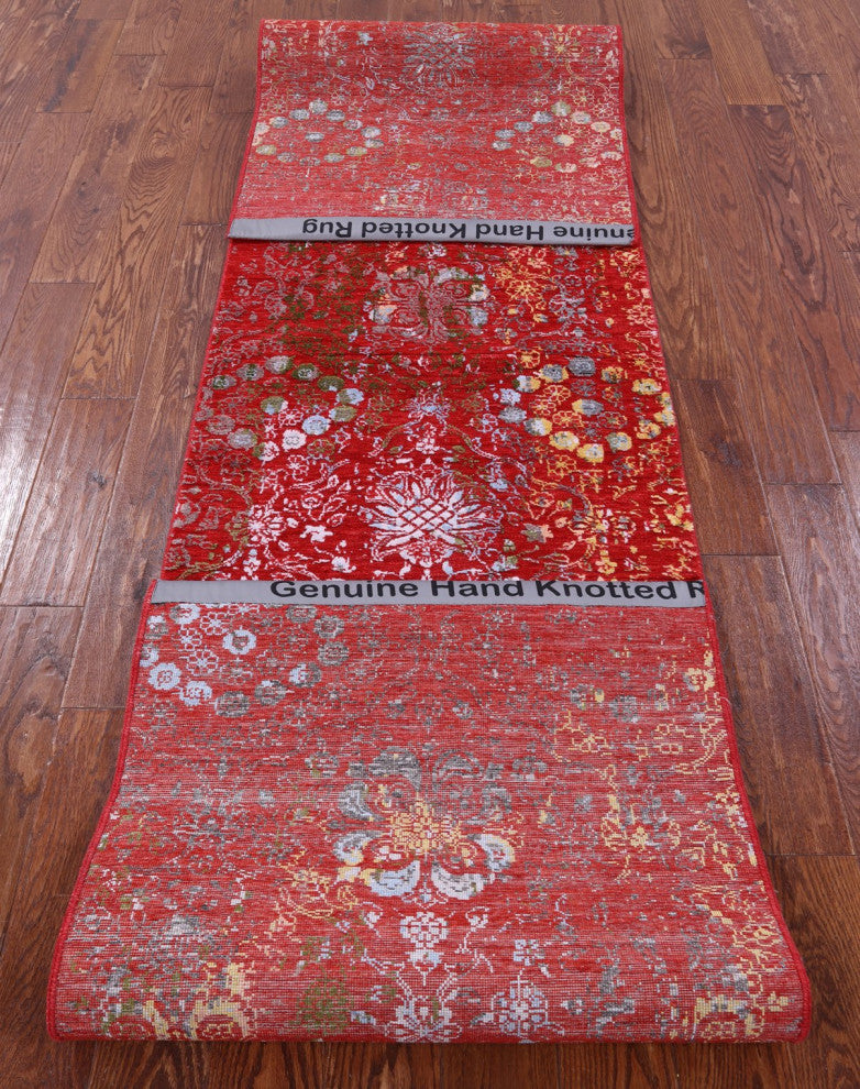 2' 7" X 12' 1" Runner Modern Handmade Wool and Silk Rug Q11819