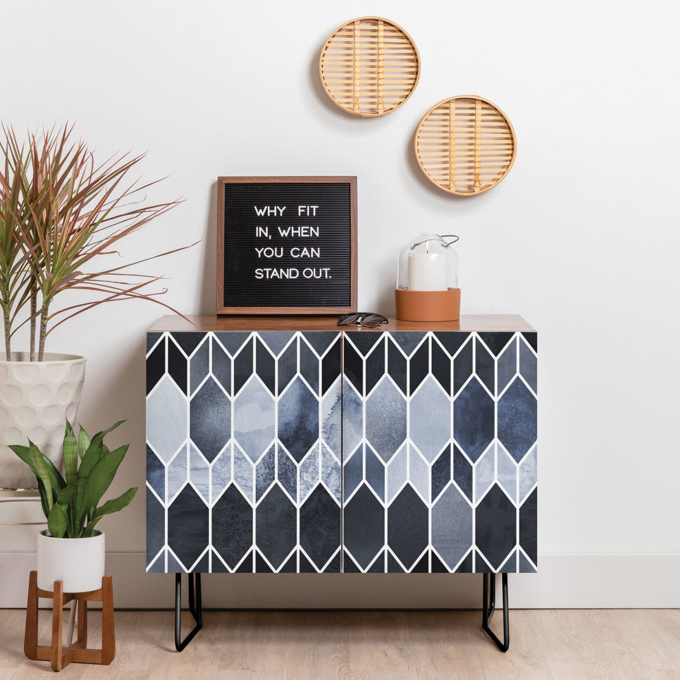 Deny Designs Blue Stained Glass Credenza, Walnut, Black Steel legs