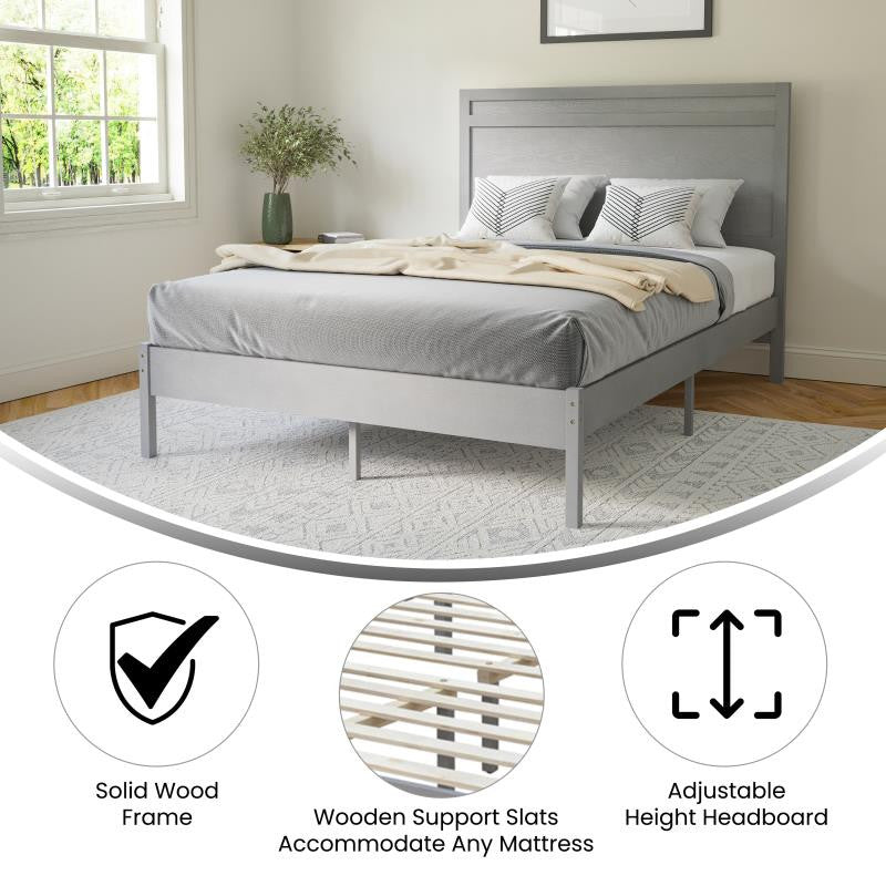Kingston Solid Wood Platform Bed with Wooden Slats and Headboard, Gray, Full