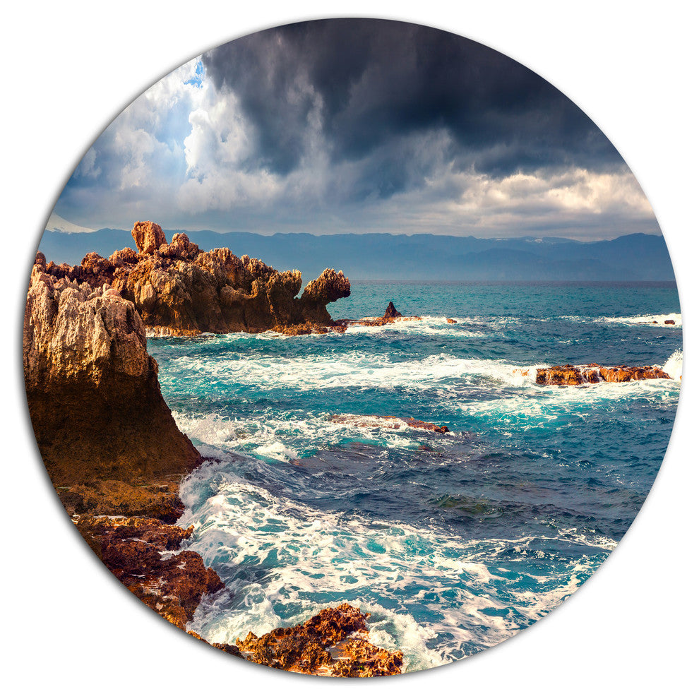 Volcanic Beach Stormy Weather, Seashore Art Round Wall Art, 23"