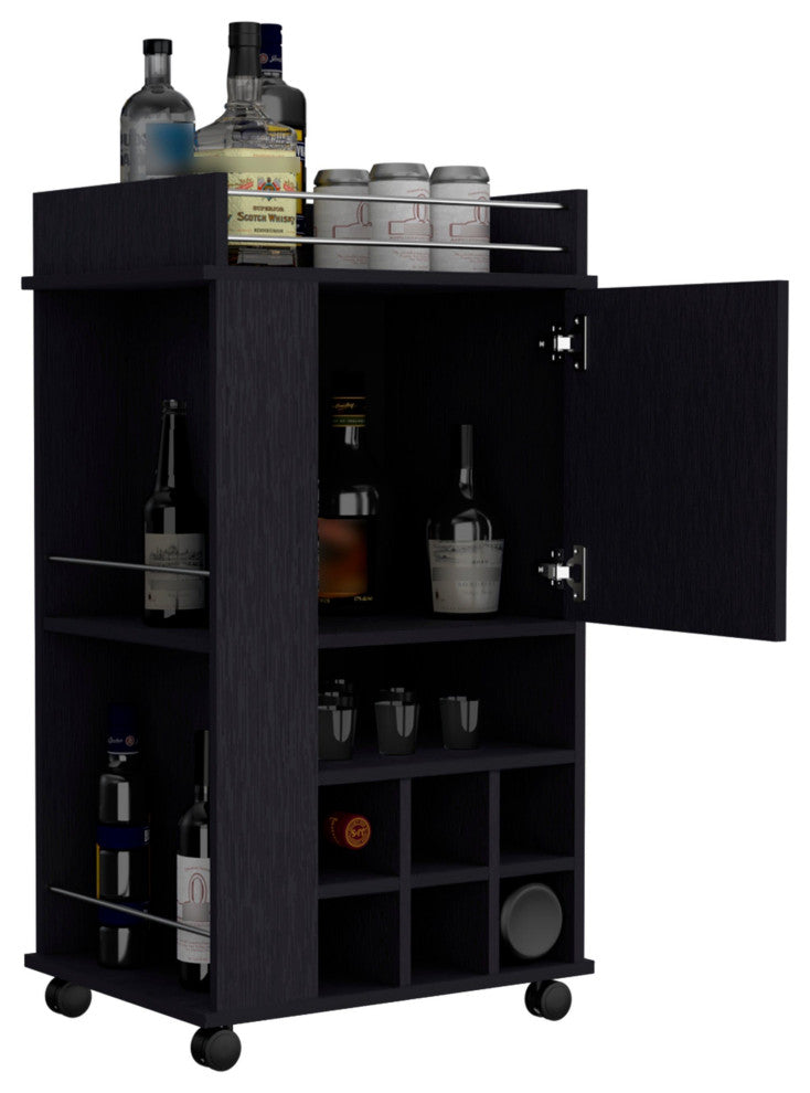 Farson Bar Cart with 6 Built-in Wine Racks, Cabinet, and Caster Wheels, Black