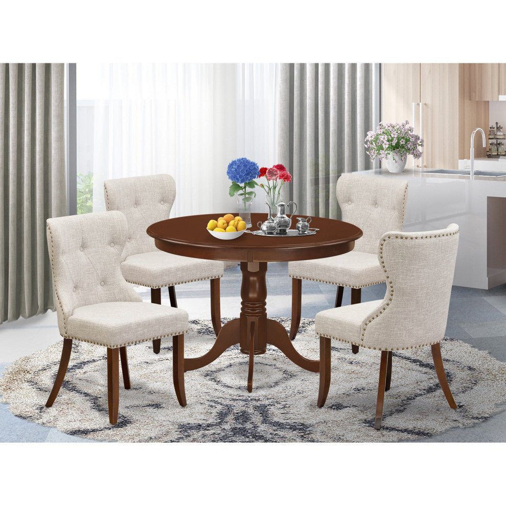 A Dining Set Of 4 Chairs Using Doeskin Color, Table, Mahogany Finish