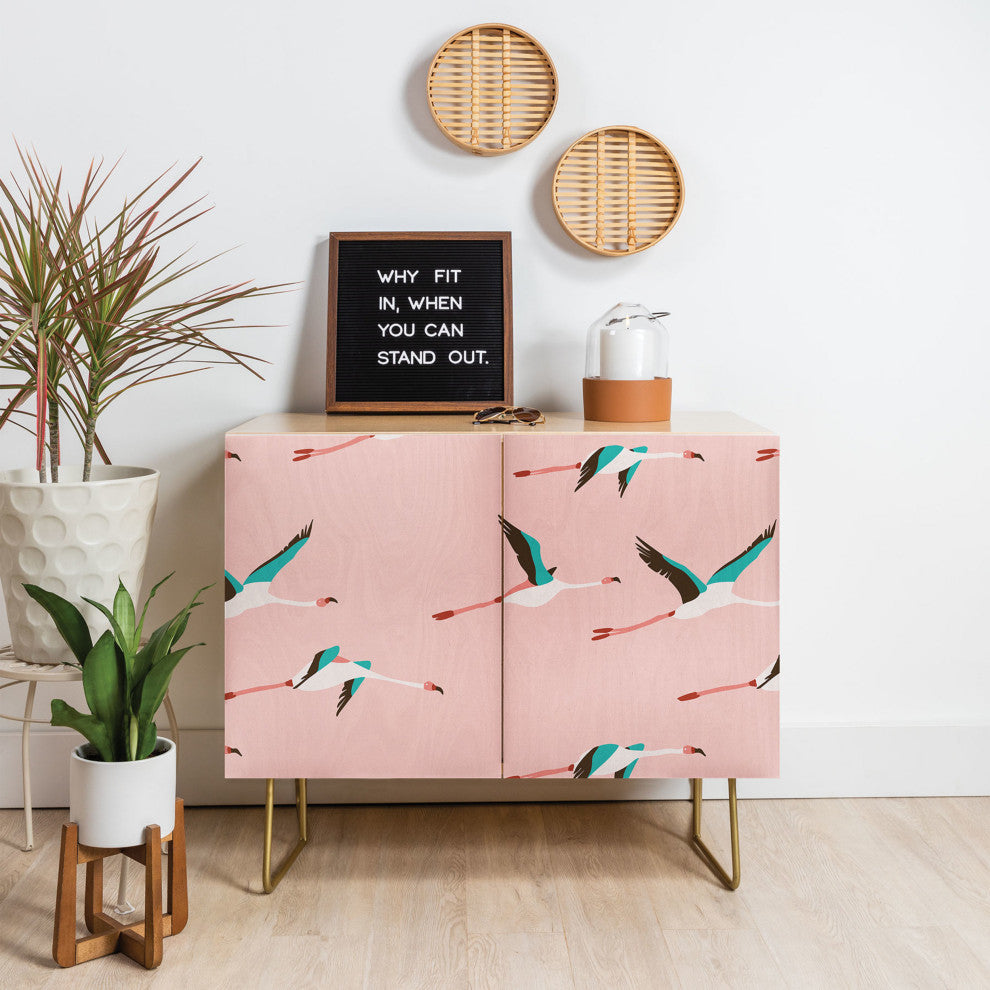 Deny Designs Flamingo Pink Credenza, Birch, Gold Steel Legs