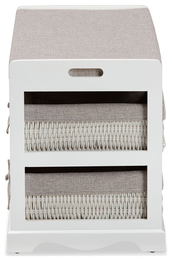 Contemporary Gray Fabric, White Wood Storage Bench With Baskets