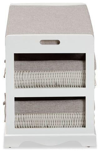 Contemporary Gray Fabric, White Wood Storage Bench With Baskets