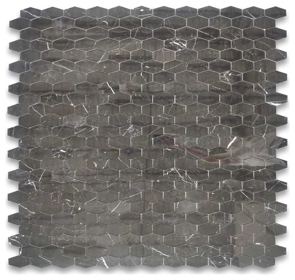 Nero Marquina Black Marble Elongated Hexagon Mosaic Tile Polished, 1 sheet