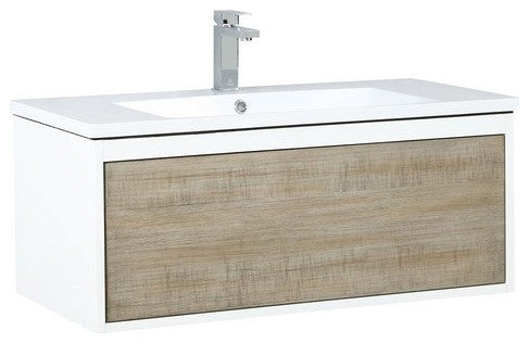 Scopi Modern 36" Rustic Acacia Bathroom Vanity, Labaro Rose Gold Faucet