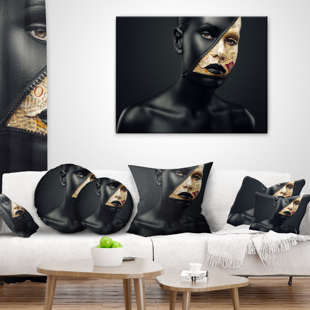 Woman with a Zip on Face Portrait Throw Pillow, 16"x16"