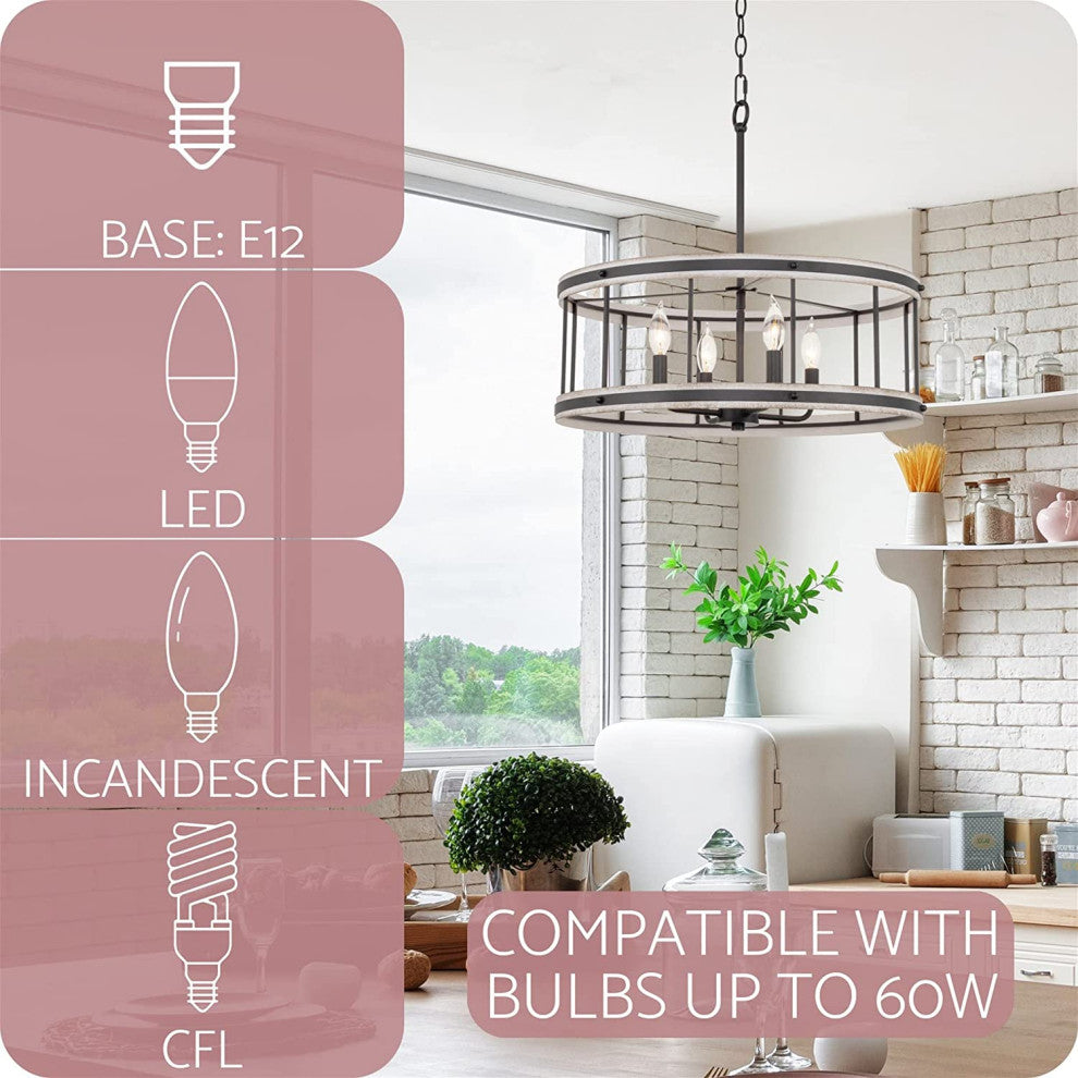 4 Light Farmhouse Chandelier Drum Pendant Light Fixture With White Wood Style