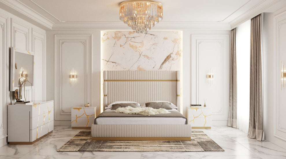 Modrest- Sterling Modern Beige Bonded Leather & Gold Bed, Eastern King