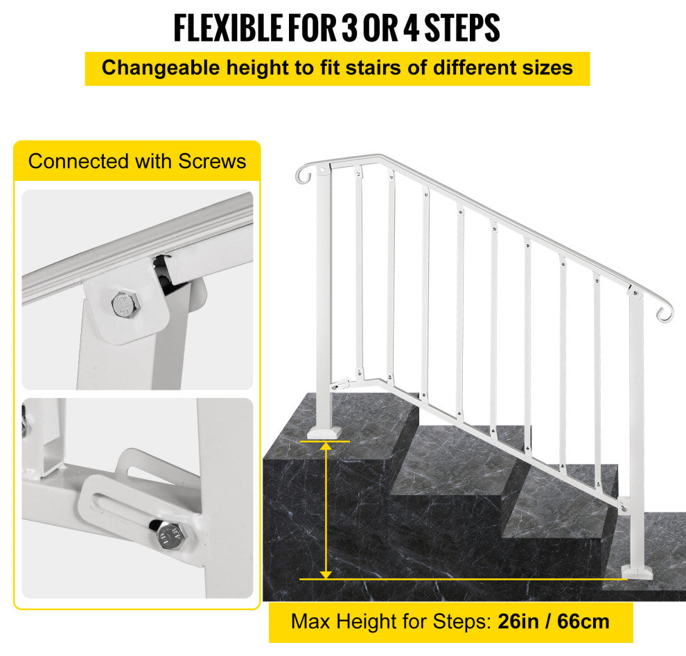 Wrought Iron Handrail Outdoor Stair Rail with Installation Kit, White, Fit 3-4 Steps