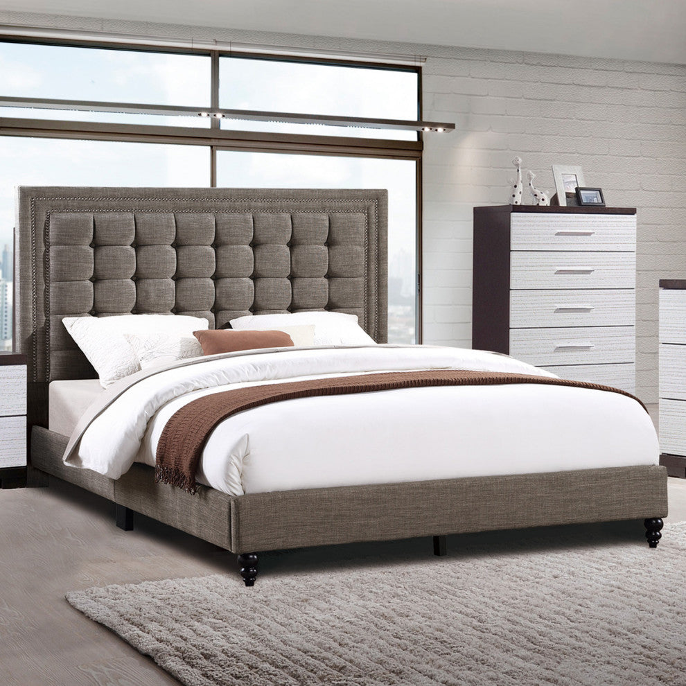 Fabric Upholstered Bed With Button Tufted Headboard, Brown, Full