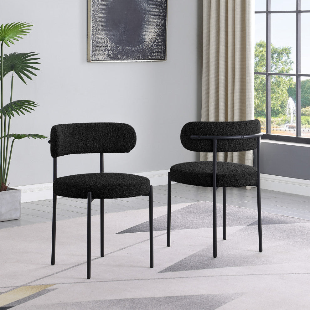 Dobby Contemporary Boucle Fabric Dining Chair with Black Legs, Set of 2, Black