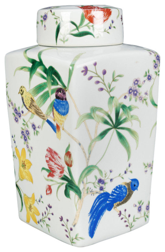Birds and Flowers Square Ginger Jar With Lid