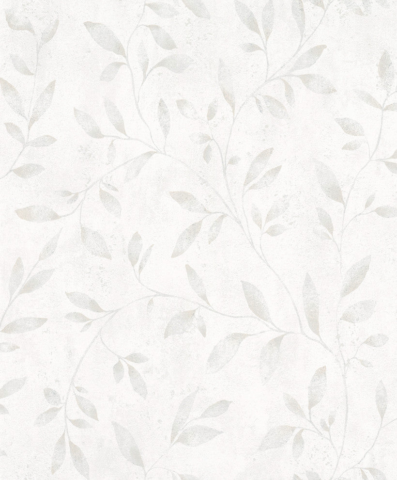 Floral Textured Wallpaper, Leaves on Concrete, White Gray Silver, Sample