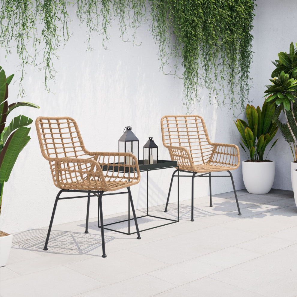 Dining Chair, Set of 2, Aluminum, Metal, Natural, Black, Outdoor Patio Balcony