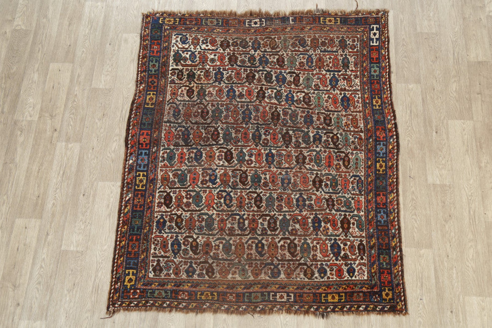 Consigned, Oriental Antique Traditional Handmade Persian Area Rug, Beige, 5x6