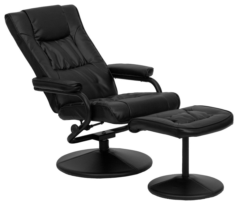 Multi-Position Recliner and Ottoman with Wrapped Base in Black LeatherSoft