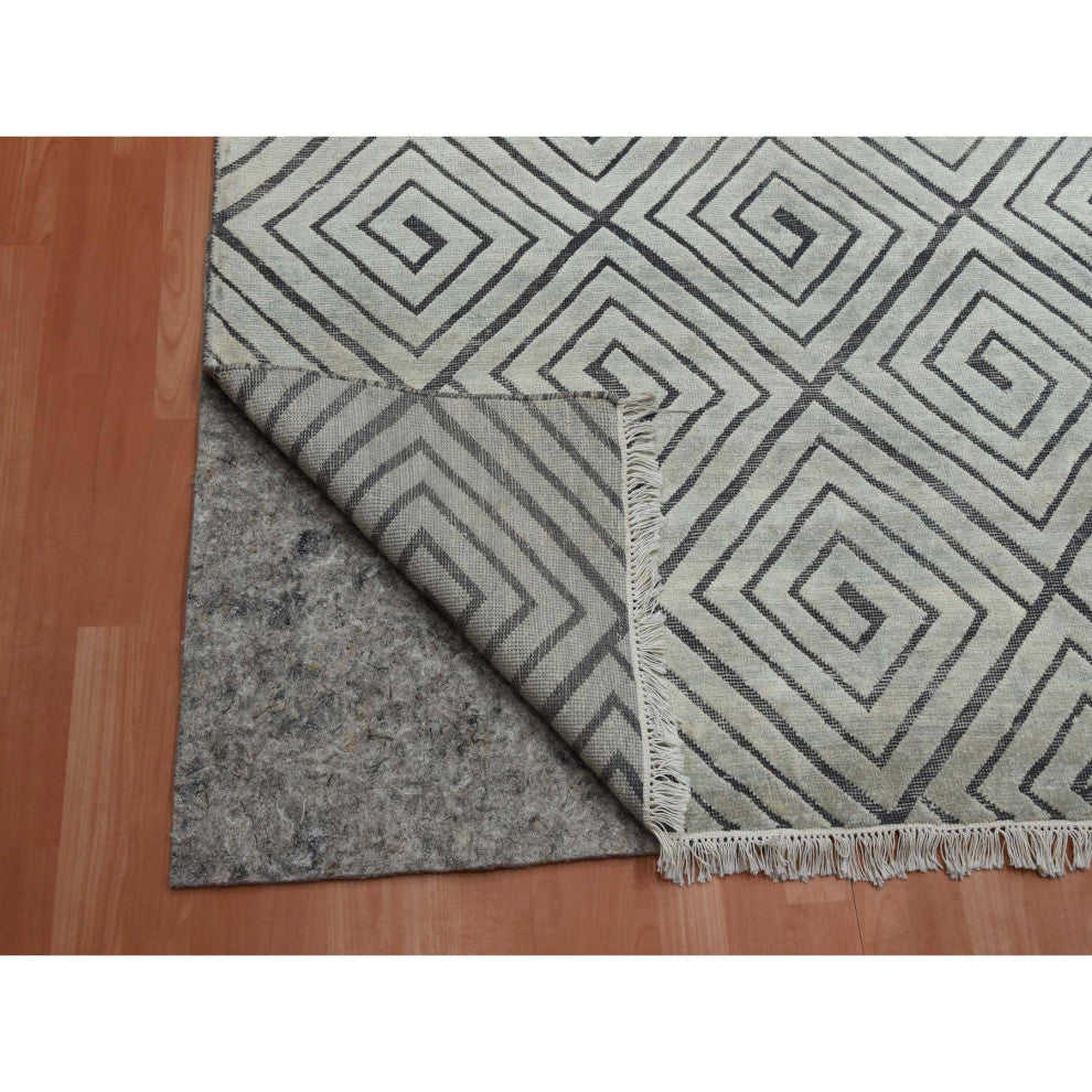 Ivory, Modern Roman Key Design, Silk With Wool Hand Knotted Rug, 9'0"x12'1"