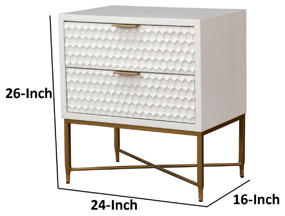 Benzara BM284300 Rexi 26" 2 Drawer Nightstand Honeycomb Wood, White, Gold