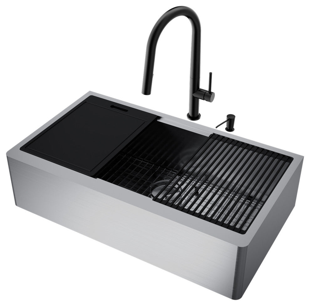 Oxford 36"L x 21"W Farmhouse Kitchen Sink and Greenwich 18"H in Black Faucet Set