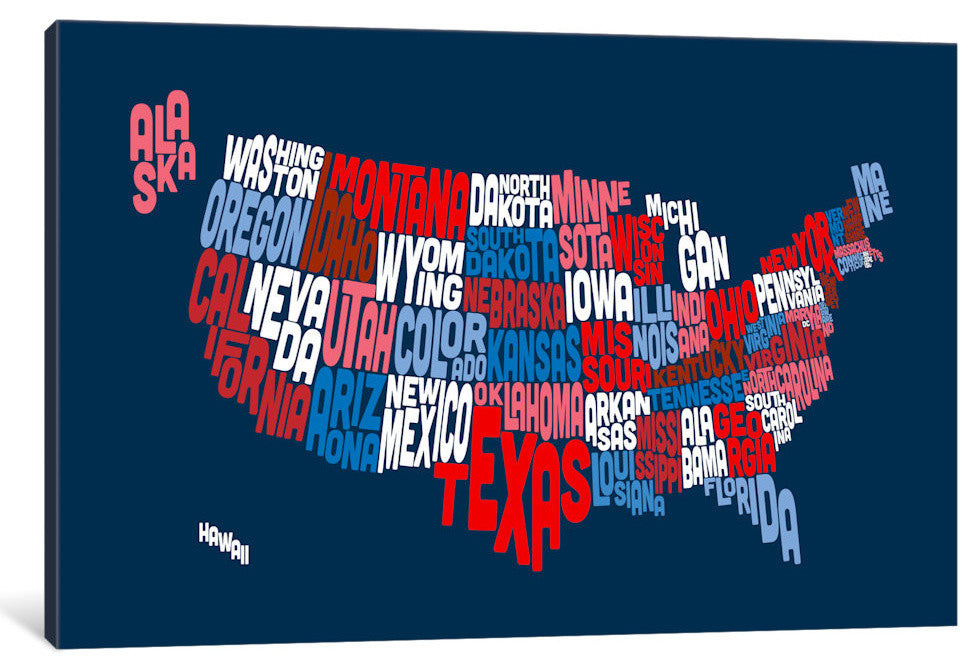 "USA (States) Typographic Map II" by Michael Tompsett, Canvas Print, 26x18"