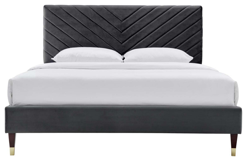 Platform Bed Frame, Queen Size, Charcoal Gray, Velvet, Modern, Guest Suite