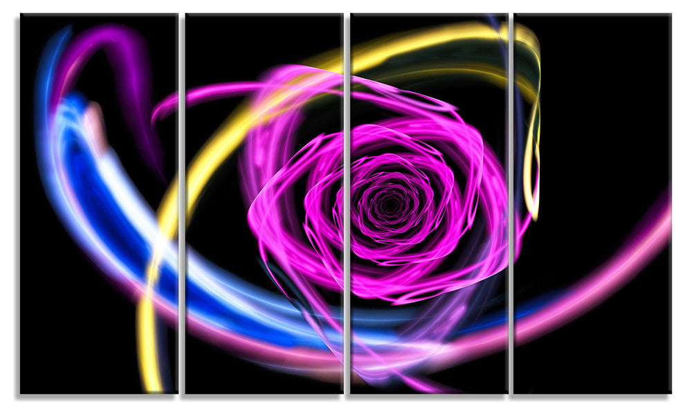 Glowing Purple Neon Rose, Floral Canvas Art Print, 48"x28", 4 Panels