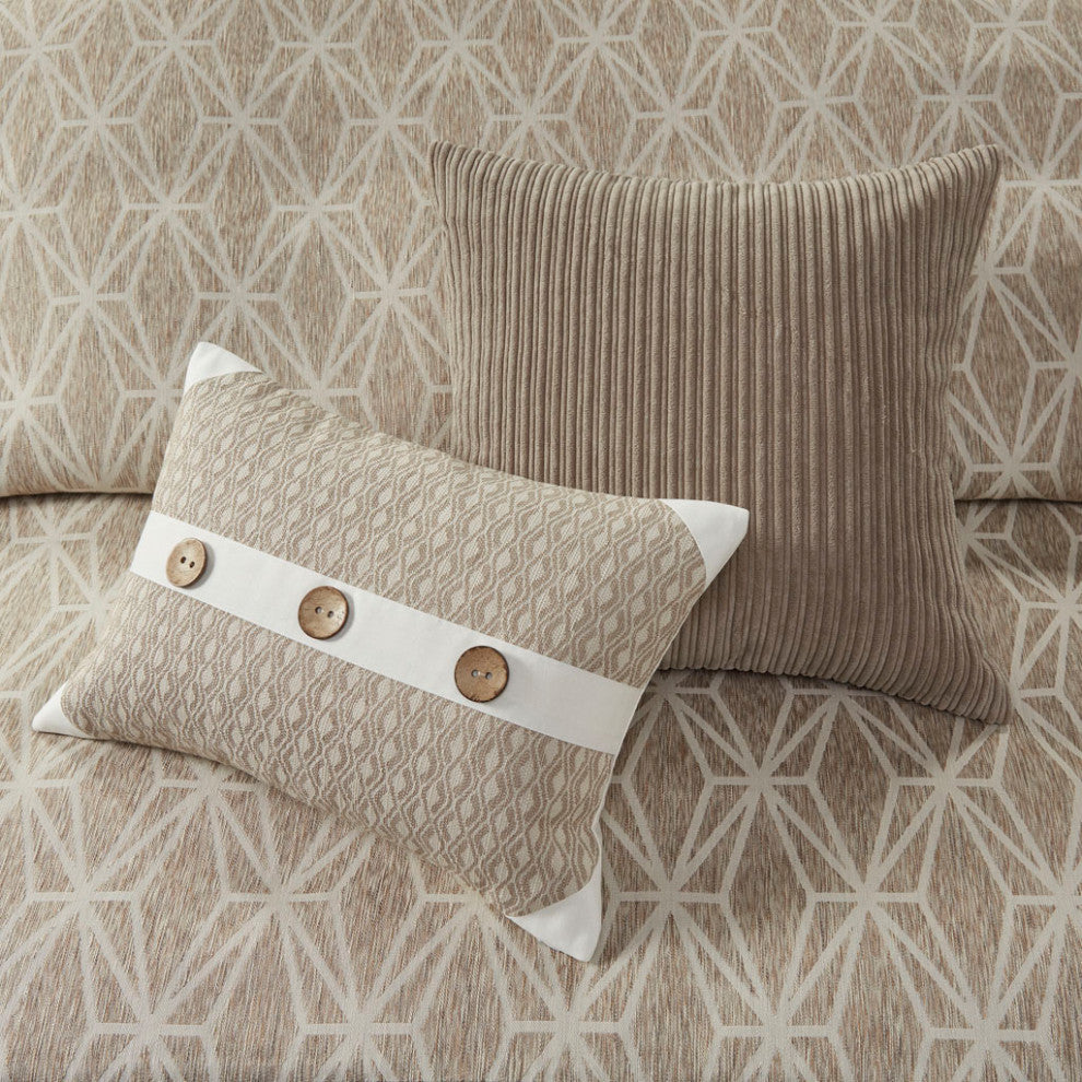 Madison Park Signature Grace Button Accent Taupe Duvet Cover Set w Insert, Queen