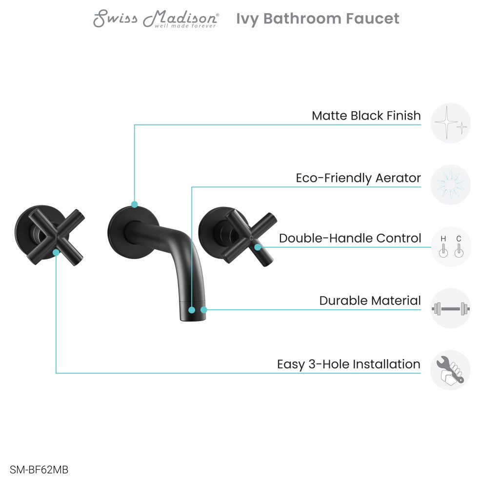 Ivy Double-Cross Handle Valve, Wall-Mount, Bathroom Faucet, Matte Black