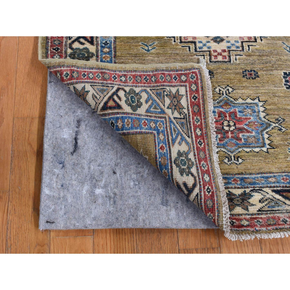 Green Hand Knotted Afghan Super Kazak Geometric Medallion Wool Rug, 2'9"x7'7"