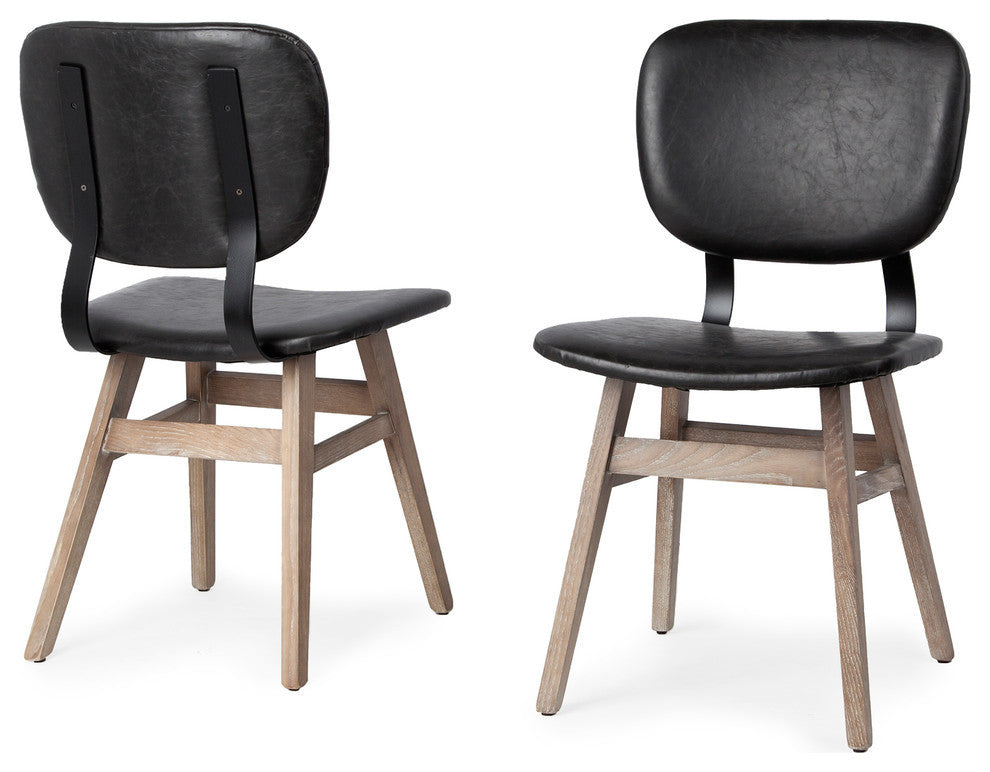 (Set of 2) Haden I Black Faux-Leather Solid Wood Frame Dining Chair, Brown