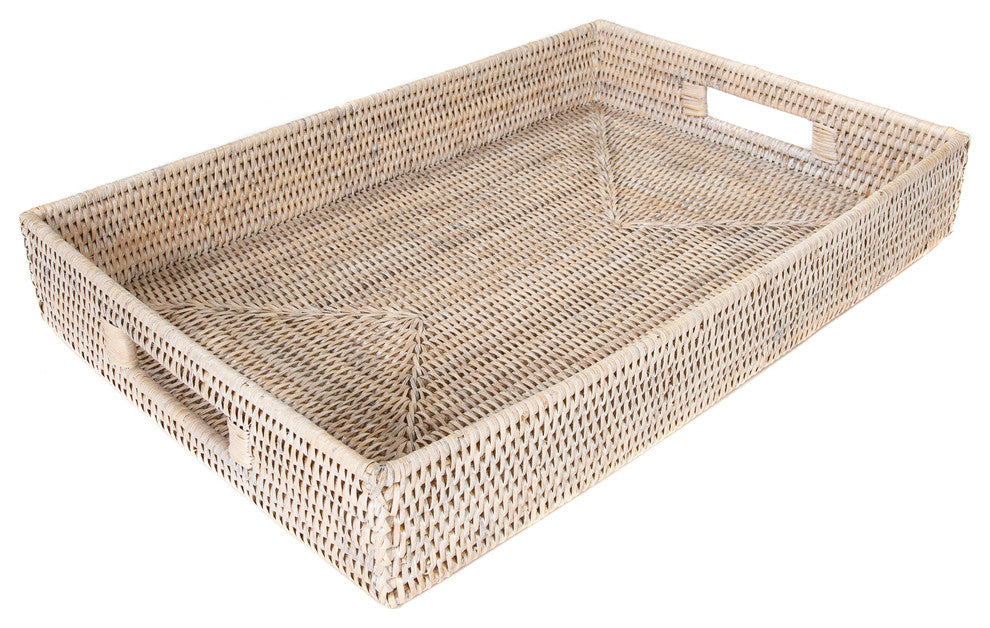 Artifacts Rattan Rectangular Tray With Cutout Handles, White Wash, Medium