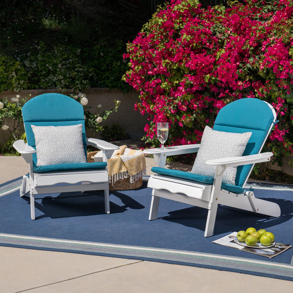 Outdoor Acacia Wood Folding Adirondack Chairs With Cushions, Set of 2, White/Dark Teal