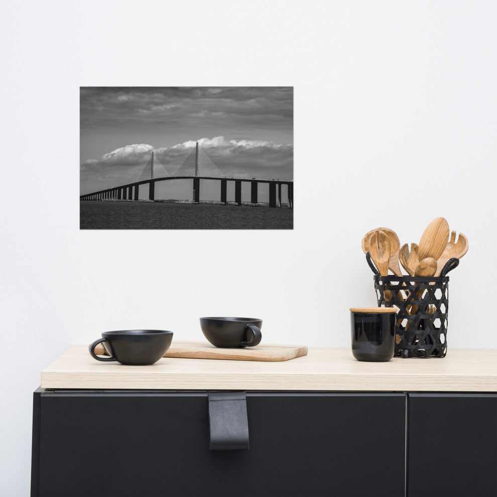 Skyway Bridge Black and White Coastal Landscape Photo Unframed Wall Art Print, 12" X 18"