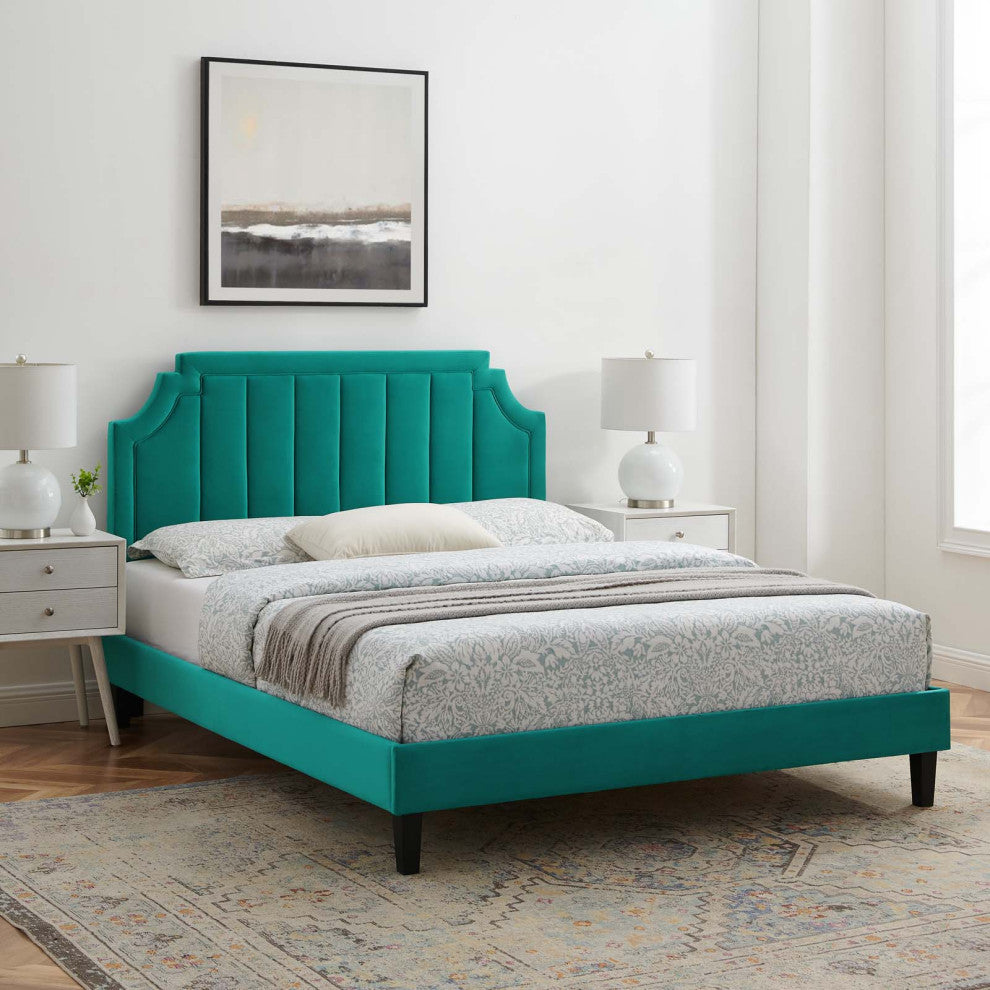 Platform Bed Frame, Queen Size, Velvet, Teal Blue, Modern Contemporary, Bedroom