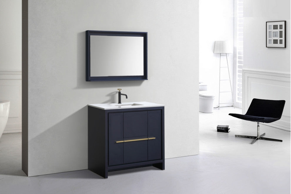 KubeBath Dolce 36" Vanity With White Quartz Countertop, Rose Wood, Blue