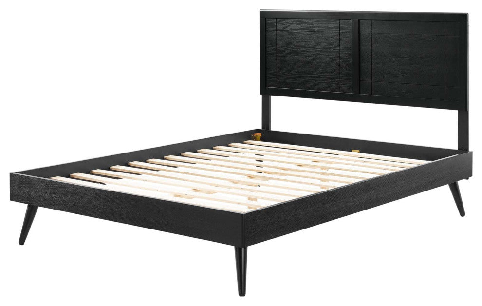 Platform Bed Frame, King Size, Wood, Black, Modern Mid-Century, Bedroom Master