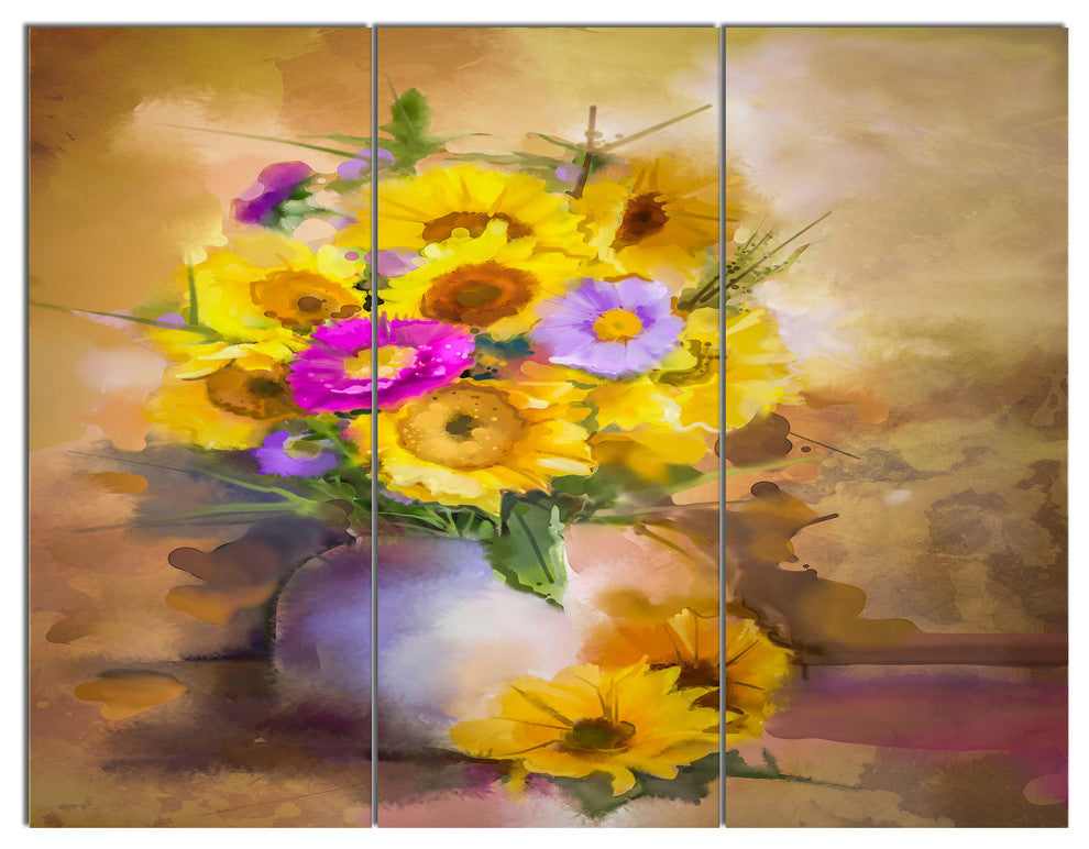 Yellow Sunflower and Violet Aster Flowers, Floral Wall Art, 36x28, 3 Panels
