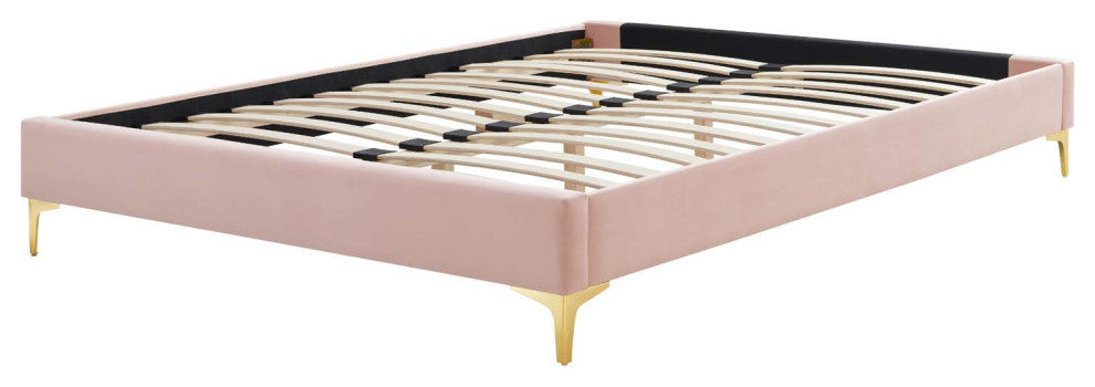 Platform Bed Frame, Queen Size, Velvet, Pink, Modern Contemporary, Bedroom