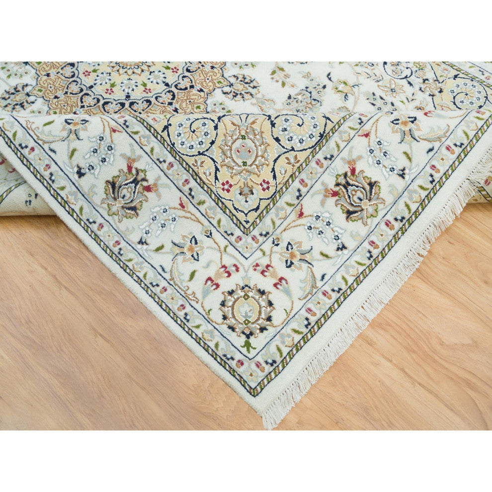 Powder White, Hand Knotted, Nain Design, 250 KPSI Natural Wool Rug, 6'1"x9'1"