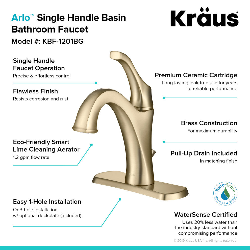 Arlo Single Handle 1-Hole Bathroom Basin Faucet, Lift Rod Drain, Brushed Gold