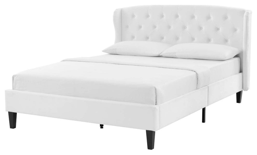 Tufted Platform Bed Frame, Queen Size, Velvet, White, Modern Contemporary