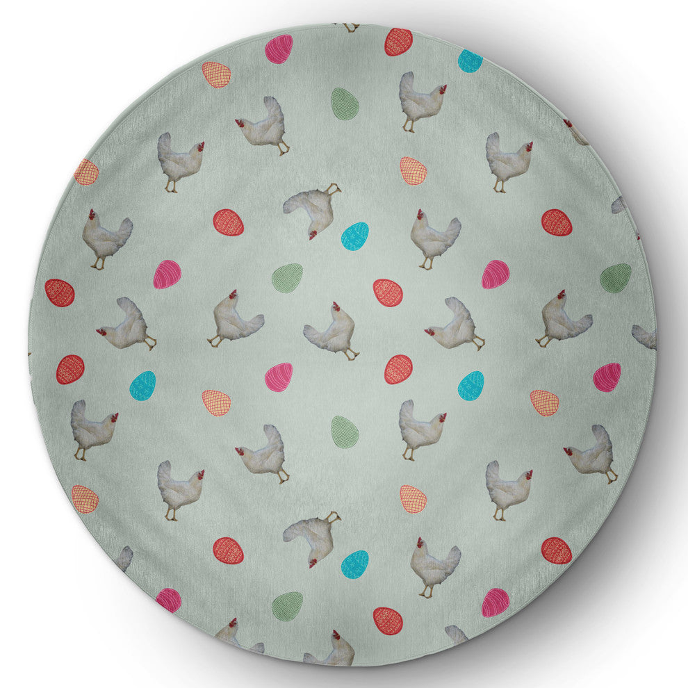 Chickens and Eggs Easter Chenille Rug, Breezeway Green, 5' Round