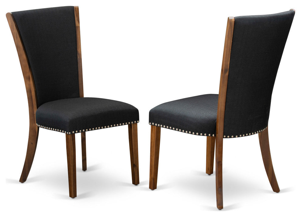 Set Of 2, Dinner Chairs, Antique Walnut Wooden Frame, Black Seat
