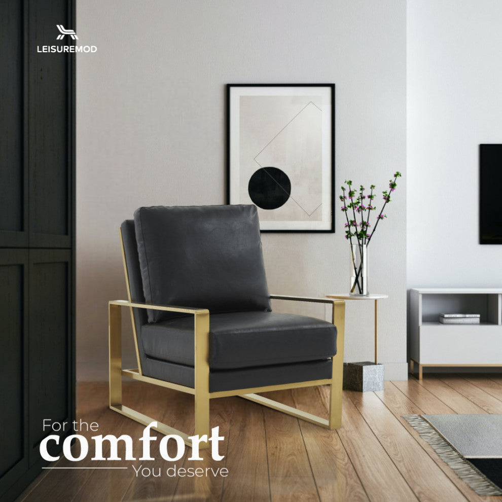 LeisureMod Jefferson Faux Leather Accent Armchair With Gold Frame, Black