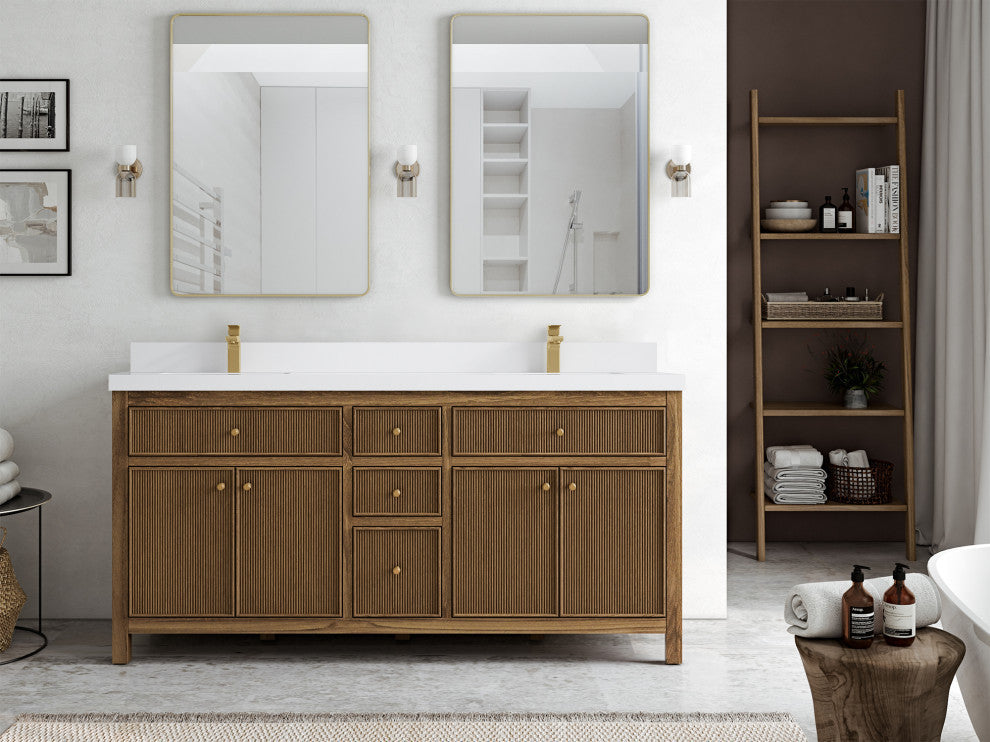 Sonoma Teak 72 Double Sink Bath Vanity in Dark Natural with 2" White Quartz