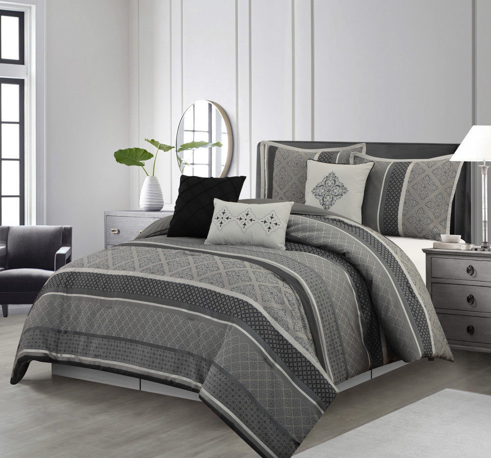 Tefia 7 Piece Comforter Set, Grey, Queen